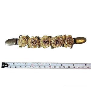 Vintage Gold Roses Flower Sweater Guard Scarf Clip 7" Handmade